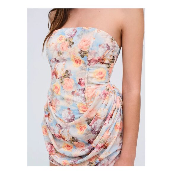 NWT FOR LOVE AND LEMONS DELPHINE RUCHED STRAPLESS BLUE DRESS W/ROSE PRINT XS - Picture 2 of 10